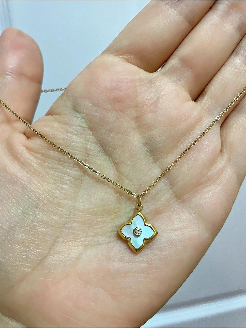 Gold & White Clover Pendant Necklace NWT